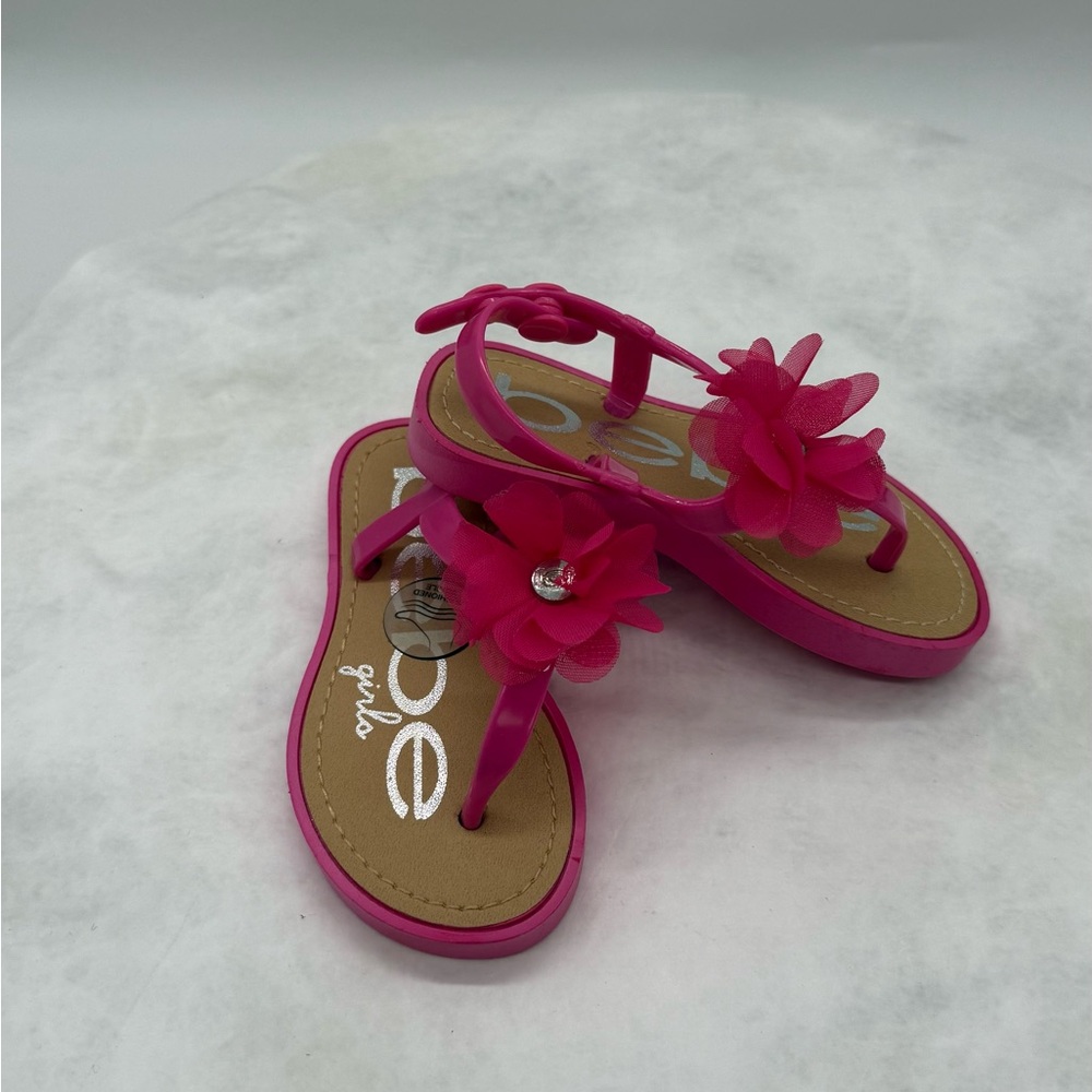 bebe Bright Pink Floral Jewel Toe-Post Sandals. Size 7/8